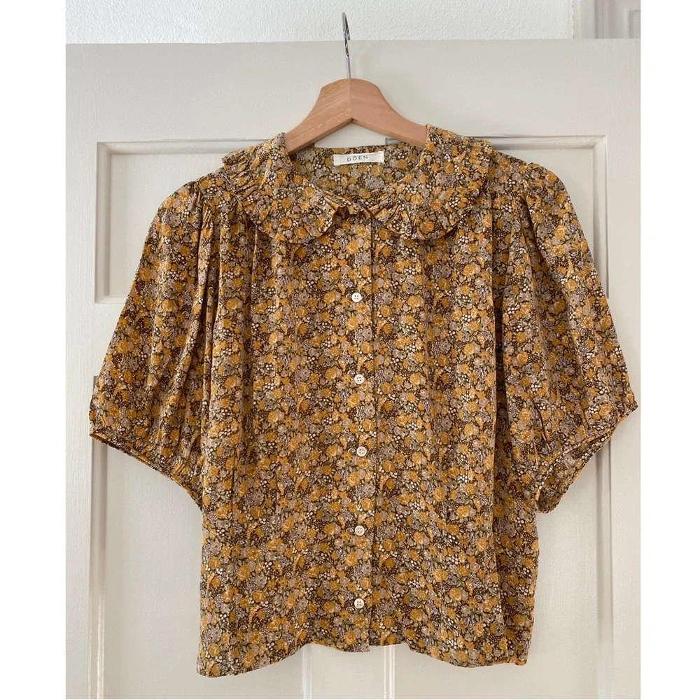 Doen Floral Puff-Sleeve Blouse in Mustard and Brown - Picture 4 of 9
